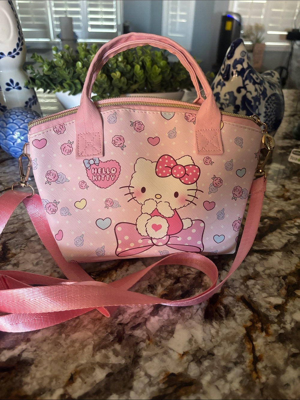 Hello Kitty Pink Heart Print Crossbody Bag L 6' W 9' Bottom 2' 1/2 wide Not used